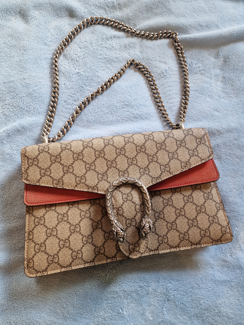 Designer Monogram Chain Shoulder Bag in Brown and Red Medium Size